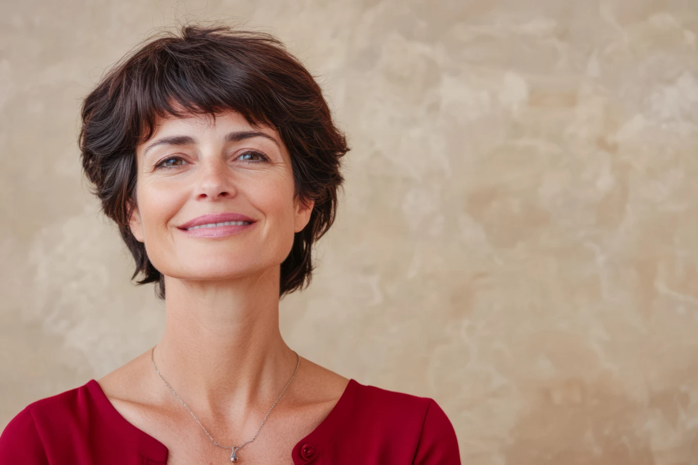 Dwa znaki zodiaku, które mają w sobie mądrość starożytności Kobieta o krótkich, brązowych włosach i jasnych oczach uśmiecha się subtelnie, ubrana w bordową bluzkę, na jasnym, neutralnym tle.