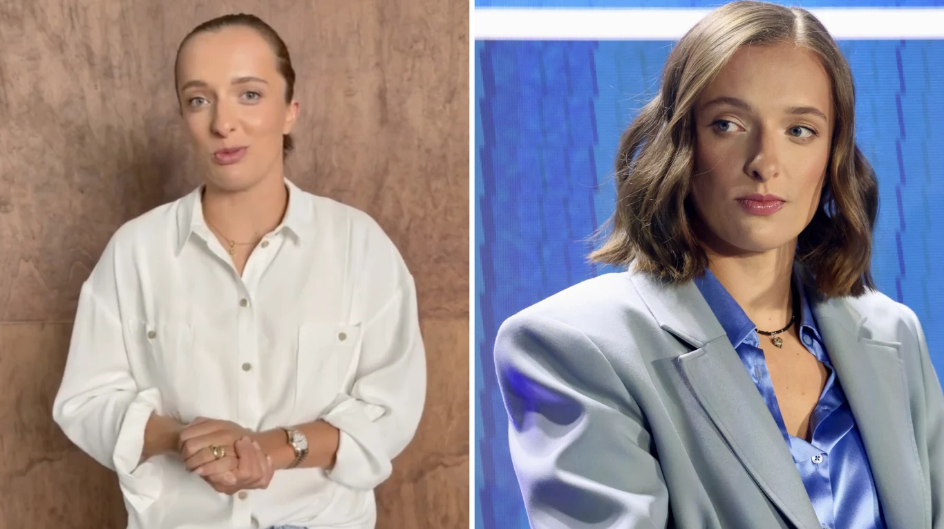 Dwie kobiety na podzielonym ekranie, po lewej w białej koszuli na neutralnym tle, po prawej w jasnym garniturze na tle niebieskiego panelu.