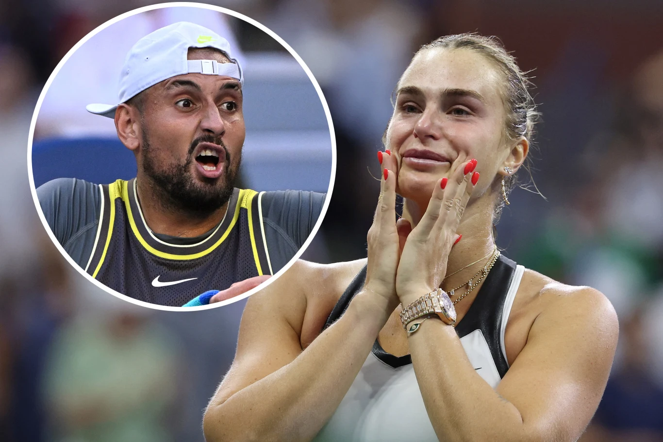 Kobieta z emocjonalnym wyrazem twarzy, wzruszona, trzyma dłonie przy policzkach, w tle niewyraźna publiczność. Wstawka w lewym górnym rogu pokazuje mężczyznę w sportowej koszulce i czapce, wyrażającego zaskoczenie lub intensywne emocje.