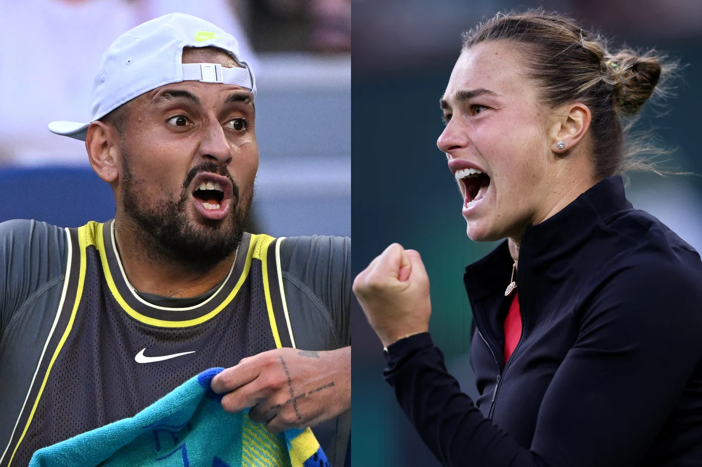 Dwoje sportowców wyrażających silne emocje, po lewej stronie mężczyzna w czapce z daszkiem i sportowej odzieży z napiętym wyrazem twarzy, po prawej stronie kobieta z zaciśniętą pięścią i okrzykiem triumfu w sportowym stroju.