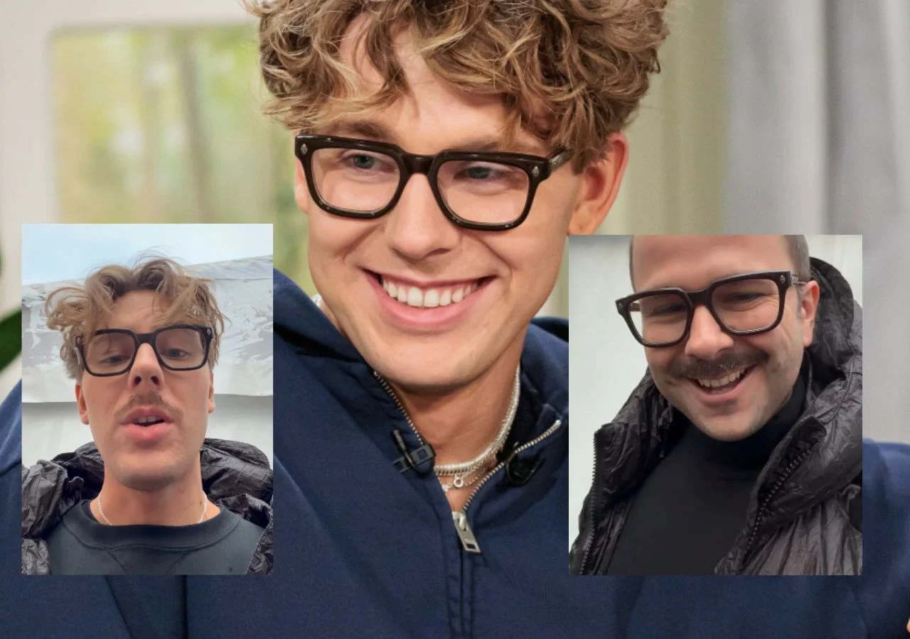 Uśmiechnięty młody mężczyzna z kręconymi włosami i okularami noszący granatową bluzę, nałożone dwa mniejsze portrety – jeden z mężczyzną o podobnym wyglądzie, drugi z mężczyzną z wąsem w okularach i czarnej kurtce.
