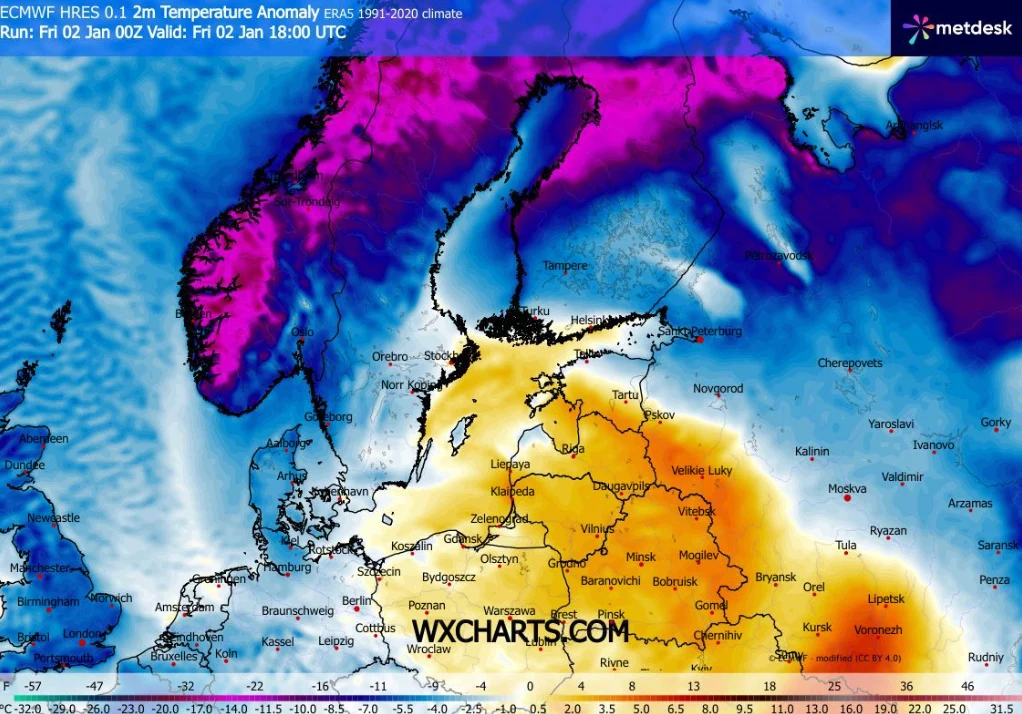 W Norwegii lokalnie temperatury osiągnęły poziom niemal -40 stopni Celsjusza Mapa Europy Środkowo-Wschodniej ukazująca anomalie temperatur w porównaniu do średniej z lat 1991-2020, z wyraźnie cieplejszymi zakresami kolorystycznymi nad Polską, Bałtykami i Niemcami oraz chłodniejszymi odcieniami na północy kontynentu.