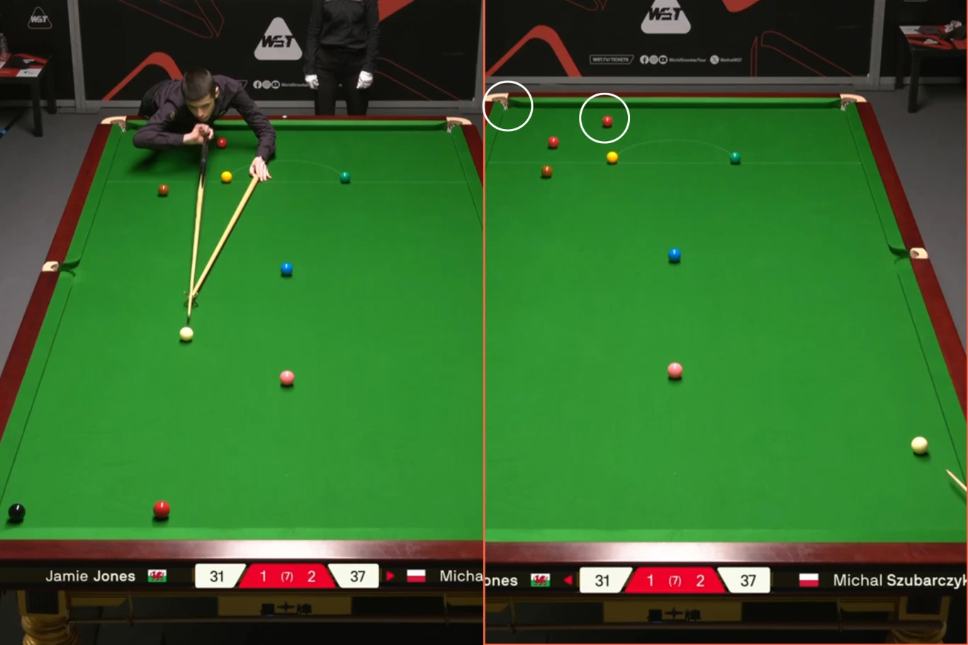 Zawodnik snookera wykonuje uderzenie za pomocą specjalnego przyrządu do podparcia kija. Na stole widać rozmieszczone kolorowe bile, a obok drugiego stołu prowadzona jest analiza pozycji bil.