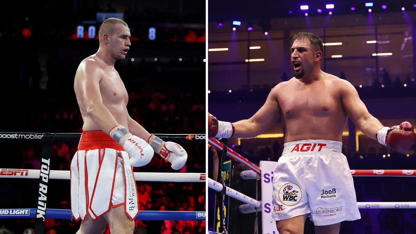 Knyba - Kabayel Dwóch bokserów w osobnych kadrach prezentuje się w ringu, przygotowani do walki, ubrani w białe spodenki z wyraźnymi nadrukami sponsorów, rękawice bokserskie oraz skupione lub bojowe wyrazy twarzy, a światła areny tworzą widowiskową atmosferę.