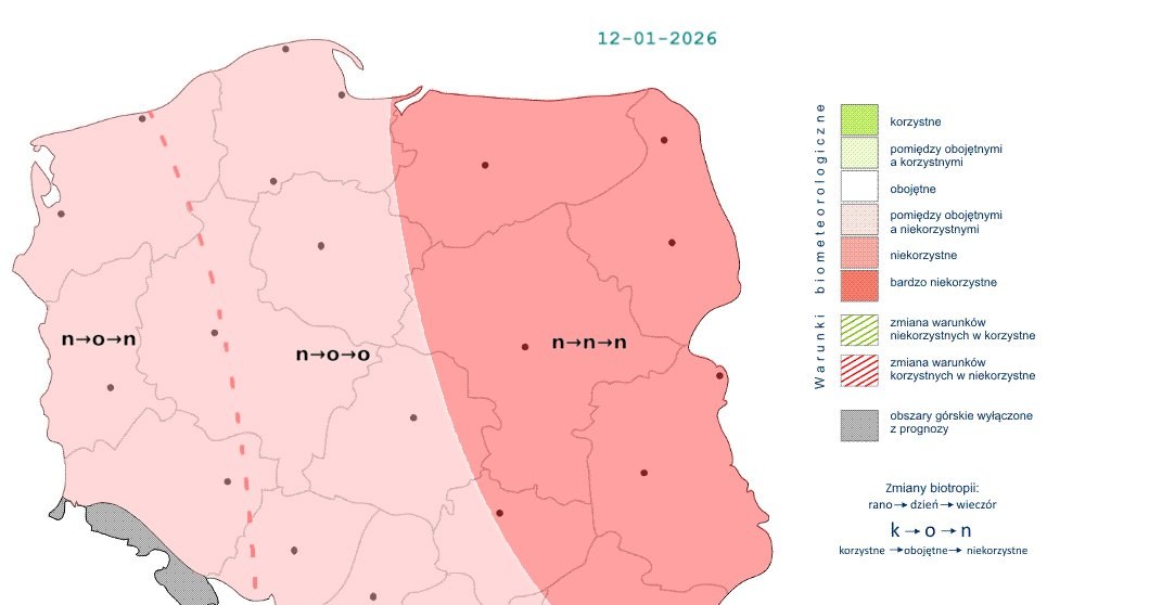 Od rana pogoda będzie niekorzystnie wpływać na nasz organizm, a na wschodzie kraju takie warunki utrzymają się przez cały dzień /IMGW /