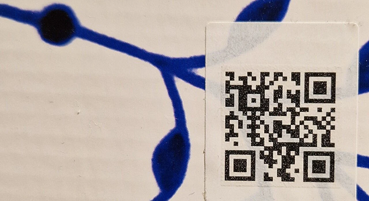 Kod QR umieszczony na białym tle z niebieskim wzorem z liniami i kropkami, przypominającymi stylizowaną ilustrację sieci neuronowej.