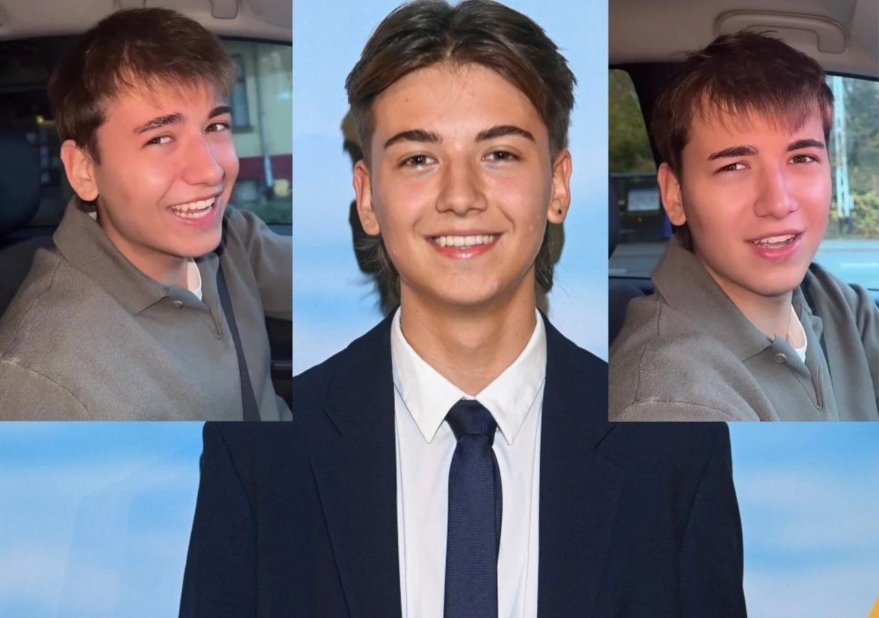 Uśmiechnięty młody mężczyzna w garniturze z krawatem na oficjalnym portrecie na środku, po bokach dwa zdjęcia tej samej osoby w samochodzie w swobodniejszym stroju, wyrażającej pogodny nastrój.