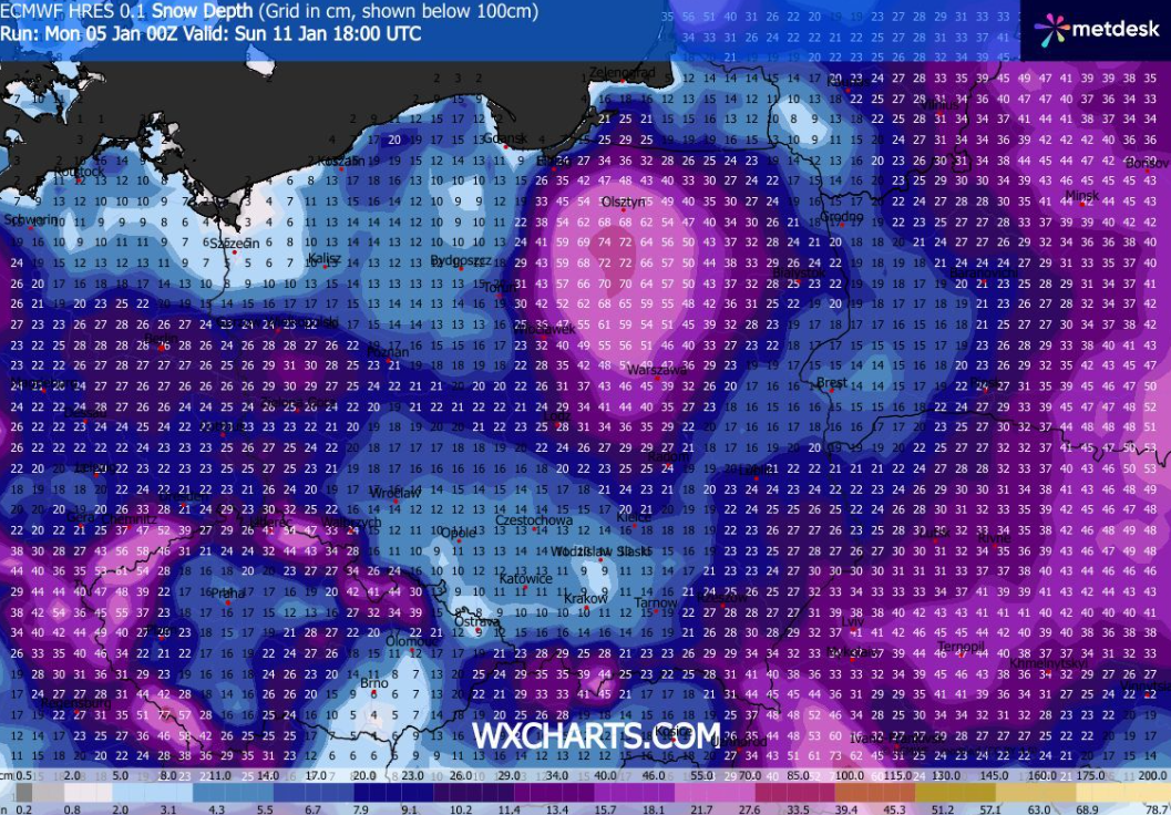Prognozowana grubość pokrywy śnieżnej na niedzielę 11 stycznia