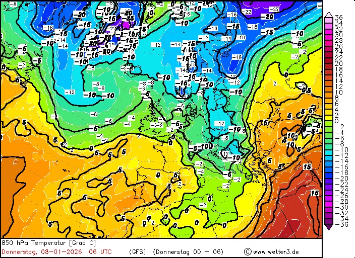Jęzor zimna sięgający Polski, Bałkanów i Adriatyku 8 stycznia rano. Temperatura na wysokości 1,5 kilometra. Jęzor zimna sięgający Polski, Bałkanów i Adriatyku 8 stycznia rano. Temperatura na wysokości 1,5 kilometra.