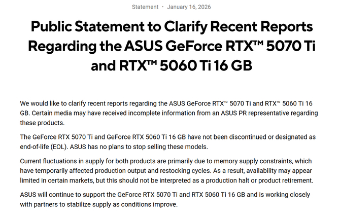 ASUS wycofuje się z przekazanych wcześniej informacji o statusie układów GeForce RTX 5070 Ti oraz GeForce RTX 5060 Ti 16 GB [2]