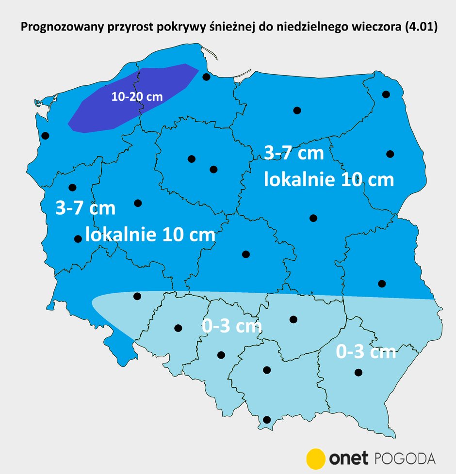 Prognozowany przyrost pokrywy śnieżnej w Polsce do końca tygodnia