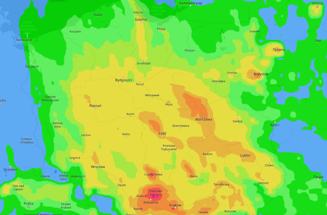 Stężenie pyłu zawieszonego (PM10) we wtorek wieczorem (Źródło: IMGW-PIB)