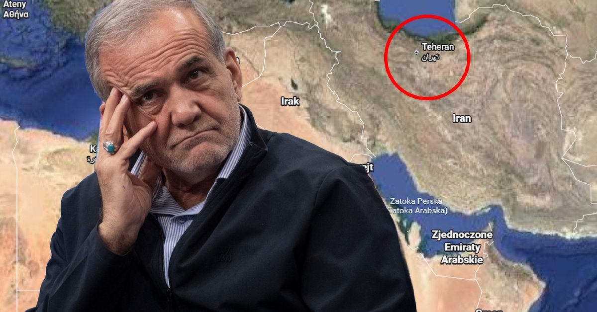 Prezydent Iranu Masud Pezeszkian w Teheranie, 16 września 2024 r. W tle mapa Bliskiego Wschodu z uwzględnieniem Iranu i Teheranu (stolicy kraju i miejsca głównych protestów)