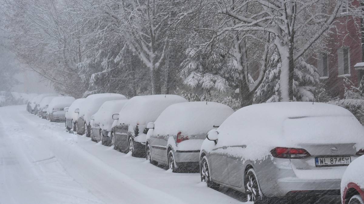 Rząd zaparkowanych samochod&oacute;w pokrytych grubą warstwą śniegu na ulicy.