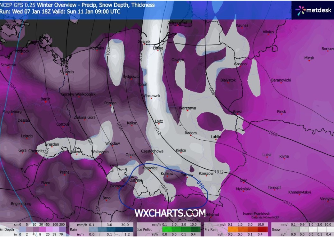 Prognoza opadów śniegu w niedzielę (Źródło: GFS)