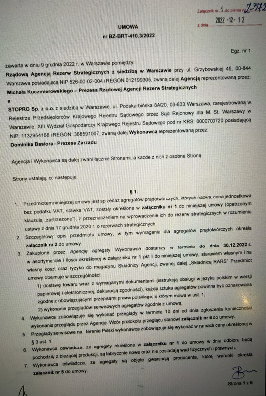 Umowa z 9 grudnia 2022 r. na dostawę pierwszej partii agregatów przez spółkę Stopro dla RARS 