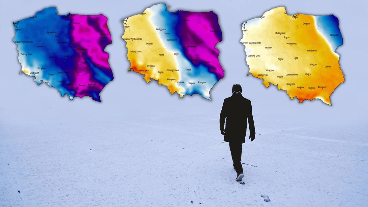 Trzy mapy Polski z prognozami temperatur unoszące się nad zaśnieżonym krajobrazem, gdzie idzie samotny mężczyzna.