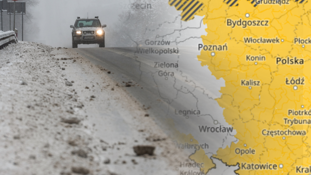 Samoch&oacute;d na zaśnieżonej drodze na tle mapy Polski z zaznaczonymi ostrzeżeniami pogodowymi.