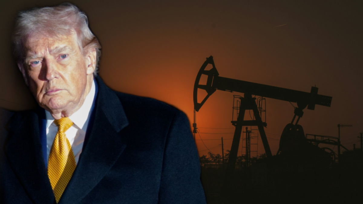Donald Trump na tle zachodzącego słońca i wieży wiertniczej symbolizującej przemysł naftowy.