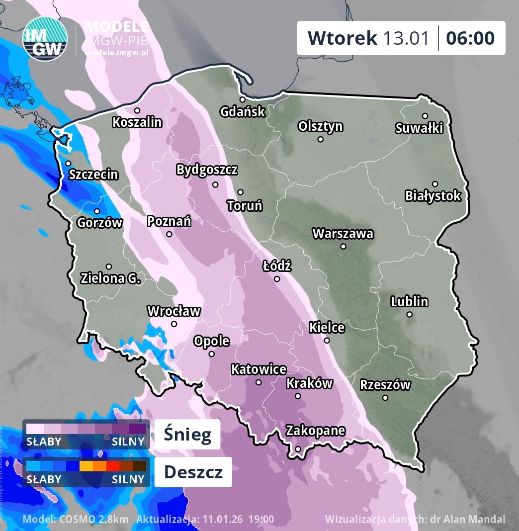 Opady śniegu we wtorek rano (źródło: IMGW)