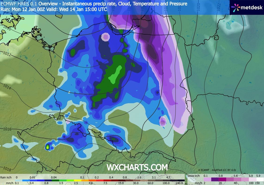 W środę obok śniegu pojawi się deszcz