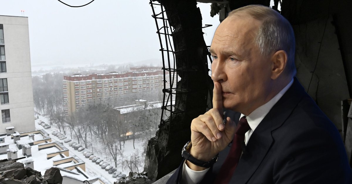 Władimir Putin, w tle zniszczony blok mieszkalny w Kijowie, 9 stycznia 2026 r.