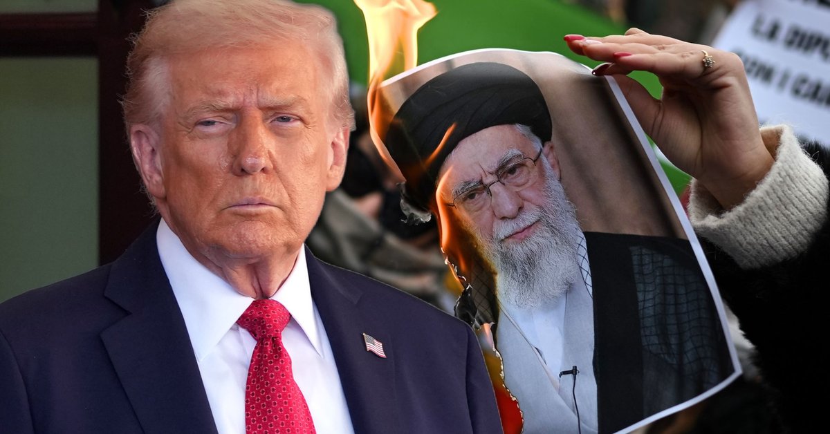 Donald Trump oraz płonące zdjęcie irańskiego przywódcy Aliego Chameneiego