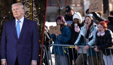 Donald Trump; po prawej stronie mieszkańcy Minneapoli protestujący przeciwko funkcjonariuszom ICE po zastrzeleniu przez jednego z nich Renee Good, 8 stycznia 2026 r.