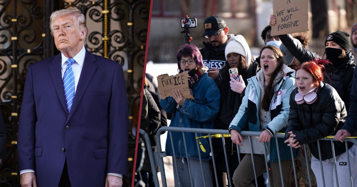 Donald Trump; po prawej stronie mieszkańcy Minneapoli protestujący przeciwko funkcjonariuszom ICE po zastrzeleniu przez jednego z nich Renee Good, 8 stycznia 2026 r.