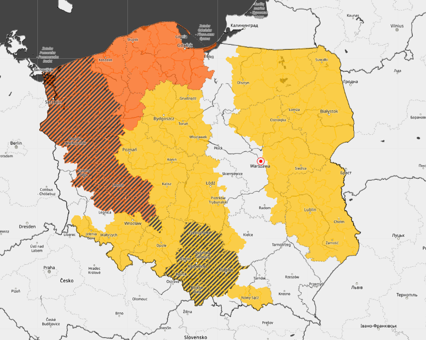 Mapa alertów obowiązujących we wtorek i środę (Źródło: IMGW-PIB)