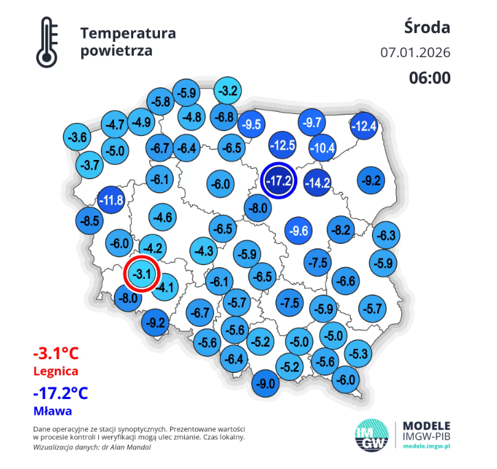 Temperatury o godz. 6.00 w środę