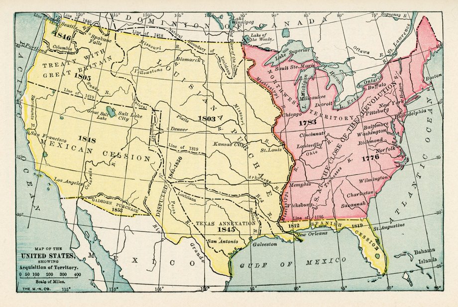 Mapa pokazująca rozwój terytorialny USA. Na południu, przy granicy z Meksykiem, obszar objęty tzw. zakupem Gadsdena.