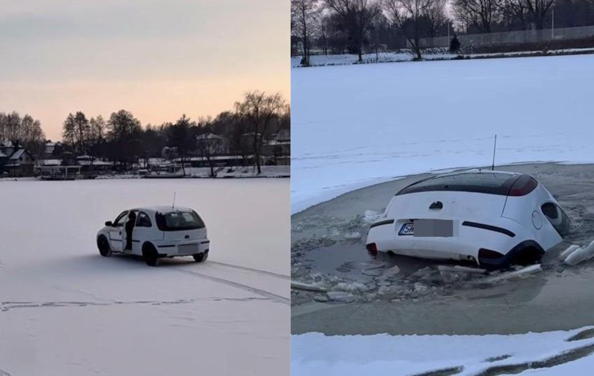 Wjechał autem... na zamarznięty staw. Pojazd poszedł na dno