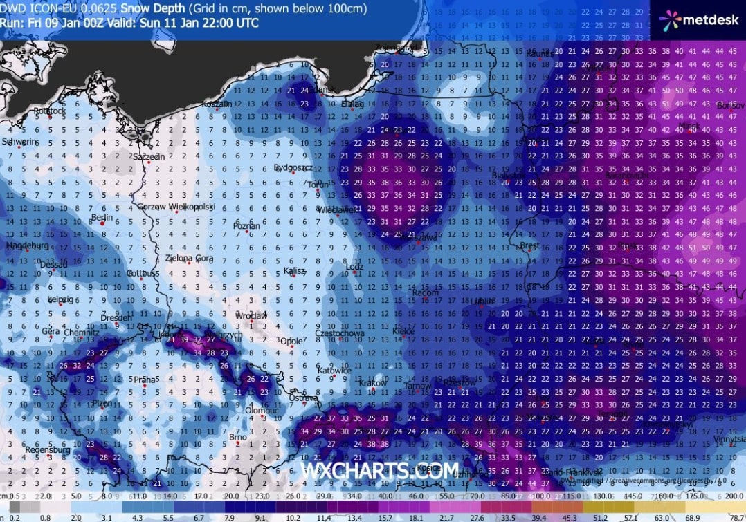 Prognozowana grubość pokrywy śnieżnej w niedzielę 11 stycznia (źródło: wxcharts.com)