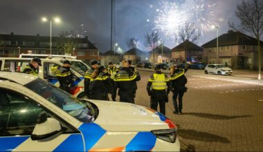 Policjanci w mundurach stoją obok radiowoz&oacute;w, podczas gdy na nocnym niebie widać fajerwerki.