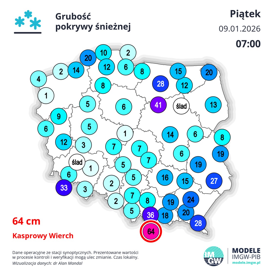 Pokrywa śnieżna w Polsce w piątek o godz. 7