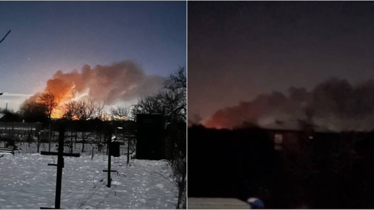 Dwa obrazy przedstawiające pożar i dym unoszący się nad terenami zabudowanymi w nocy. Po lewej stronie widoczny jest fragment zasypanego śniegiem krajobrazu z drzewami i słupkami, a po prawej ciemniejszy widok z linią drzew i budynk&oacute;w.