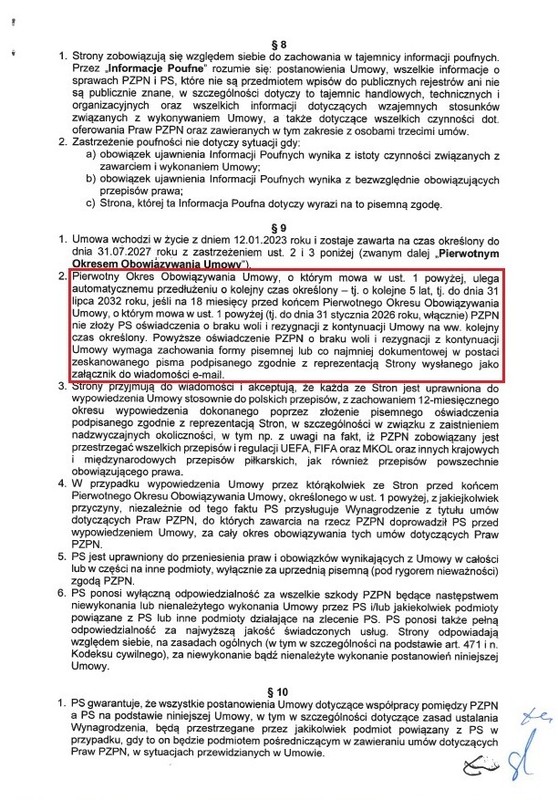 Zapis umowy pomiędzy PZPN i Publicon Sport o automatycznym przedłużeniu okresu jej obowiązywania w przypadku nie złożenia przez pikarski związek deklaracji o zakończeniu współpracy