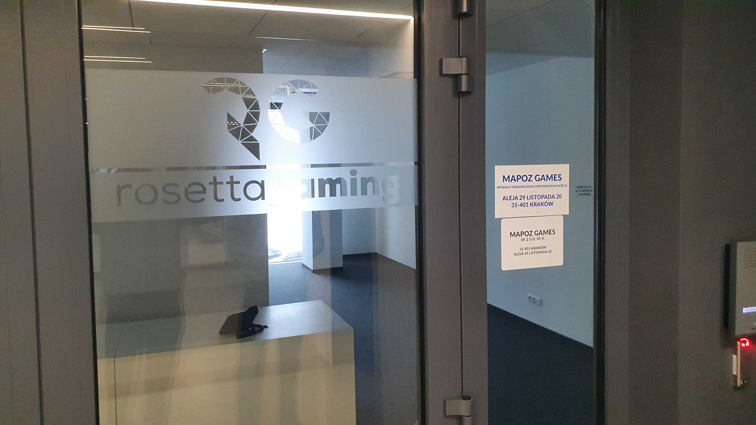 Wejście do biura Rosetta Gaming w biurowcu w Krakowie