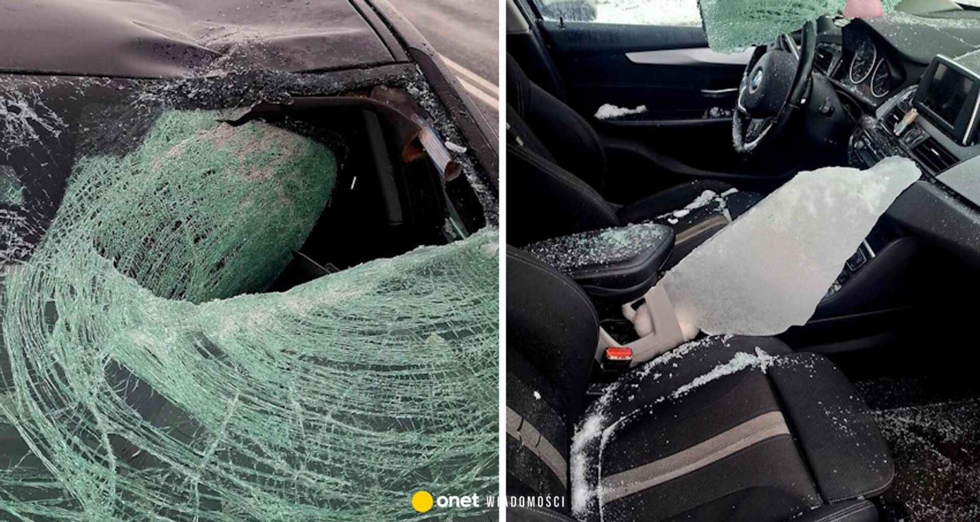 Dramat na drodze pod Oławą. Tafla lodu z tira przebiła szybę osobówki, są ranni