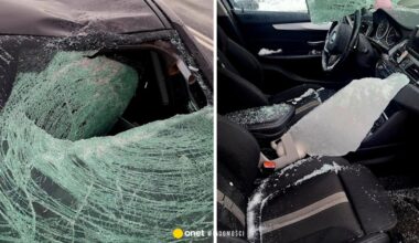 Dramat na drodze pod Oławą. Tafla lodu z tira przebiła szybę osobówki, są ranni