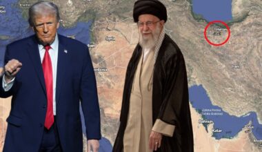 Po lewej prezydent Stanów Zjednoczonych Donald Trump w Detroit w stanie Michigan w USA, 13 stycznia 2026 r. Po prawej najwyższy przywódca Iranu ajatollah Ali Chamenei, 28 czerwca 2024 r. w Teheranie w Iranie. W tle mapa Bliskiego Wschodu z uwzględnieniem Iranu i zaznaczoną stolicą kraju