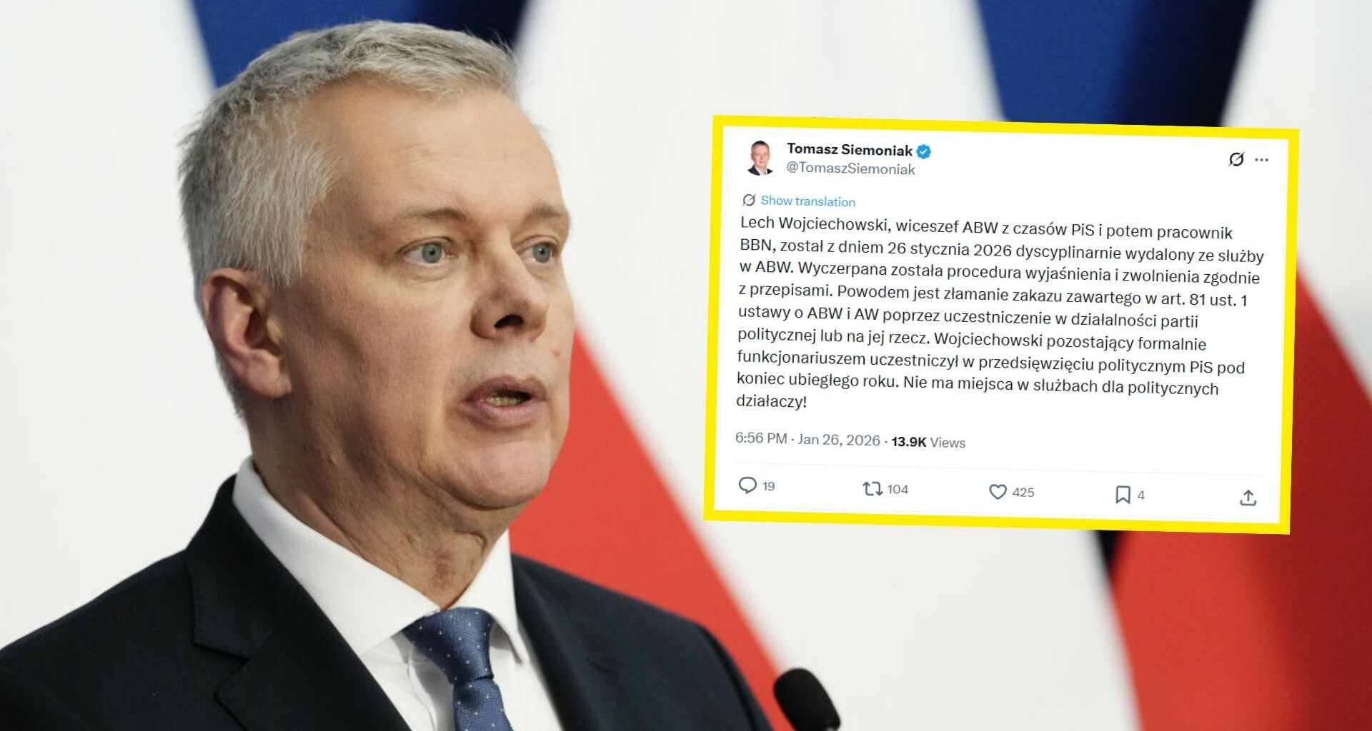 Były wiceszef ABW wydalony dyscyplinarnie. Siemoniak zabrał głos