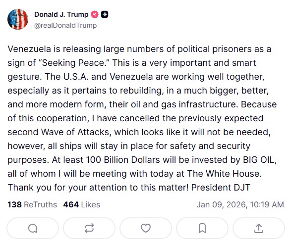 Wpis Donalda Trumpa na Truth Social