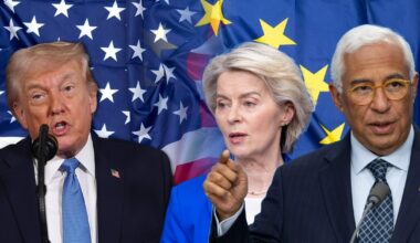 Donald Trump, Ursula von der Leyen i Antonio Costa, w tle flagii USA i UE
