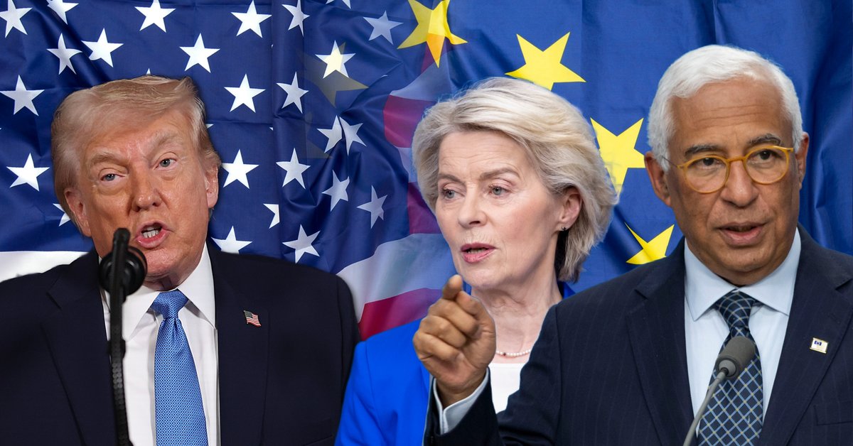 Donald Trump, Ursula von der Leyen i Antonio Costa, w tle flagii USA i UE