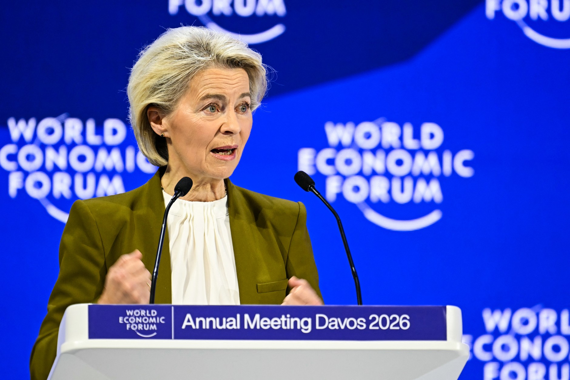 Przewodnicząca Komisji Europejskiej Ursula von der Leyen podczas przemówienia na dorocznym Światowym Forum Ekonomicznym w Davos, 20 stycznia 2026 r.