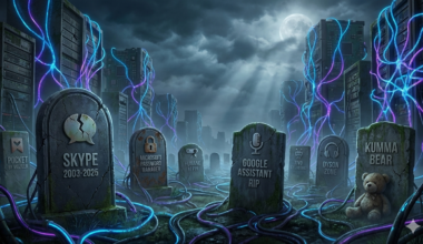 Cmentarz cyfrowy z kamiennymi nagrobkami oznaczonymi nazwami usług (m.in. Skype 2003–2025, Google Assistant RIP, Microsoft Password Manager, Humane AI Pin, Pocket, TiVo, Dyson Zone, Kumma Bear z pluszowym misiem) na tle rzędów serwerów oplecionych niebiesko‑fioletowymi kablami i mrocznego nieba z pełnią księżyca.