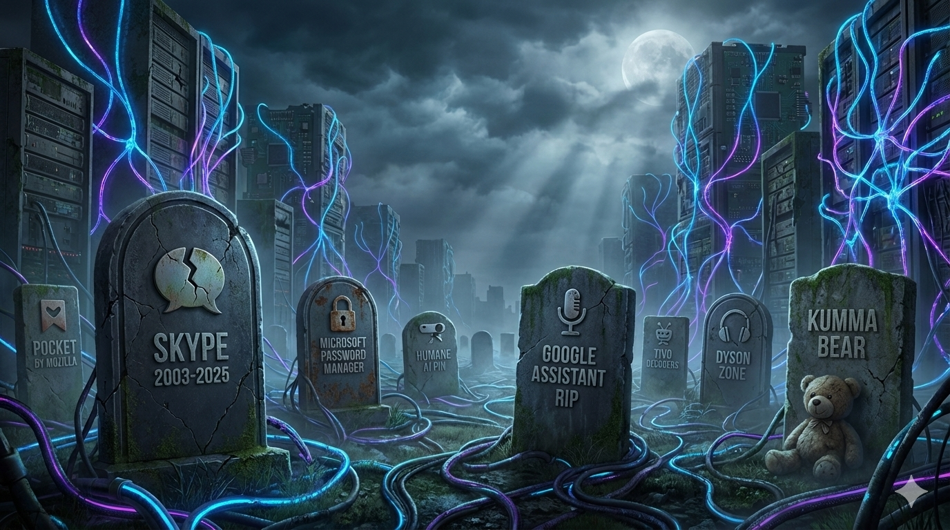 Cmentarz cyfrowy z kamiennymi nagrobkami oznaczonymi nazwami usług (m.in. Skype 2003–2025, Google Assistant RIP, Microsoft Password Manager, Humane AI Pin, Pocket, TiVo, Dyson Zone, Kumma Bear z pluszowym misiem) na tle rzędów serwerów oplecionych niebiesko‑fioletowymi kablami i mrocznego nieba z pełnią księżyca.