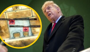 Prezydent Stanów Zjednoczonych Donald Trump. W ramce zdjęcie satelitarne bazy lotniczej Mafraq Al Khadim w Jordanii dokąd zostały przerzucone amerykańskie myśliwce F-15E oraz samoloty transportowe C-17